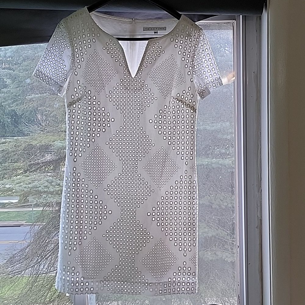 Trina Turk cotton white eyelet dress lined‎ short sleeves size 8
